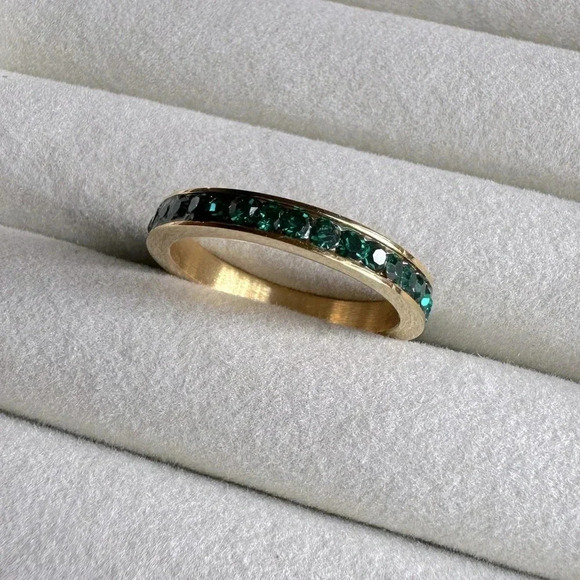 Green Emerald Colored CZ 18k Gold Stainless Steel Band Ring May Birthstone - Picture 3 of 9